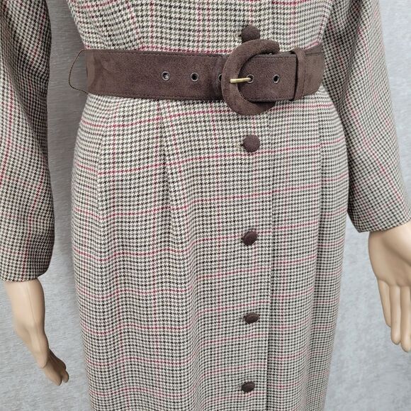 Talbots Vintage Houndstooth Plaid Elegant Brown Belted Button Front Dress - Picture 6 of 15
